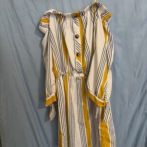 Off the shoulders, yellow, and white dress